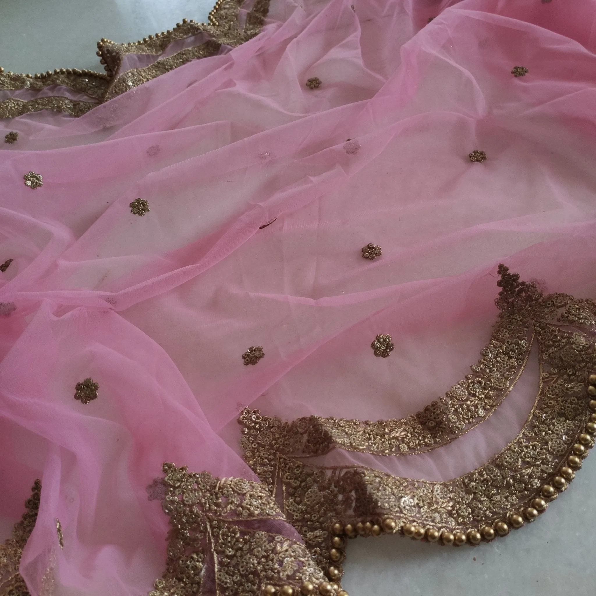 Pink Indian dupatta. Long net embroidered scalloped bridal dupatta.