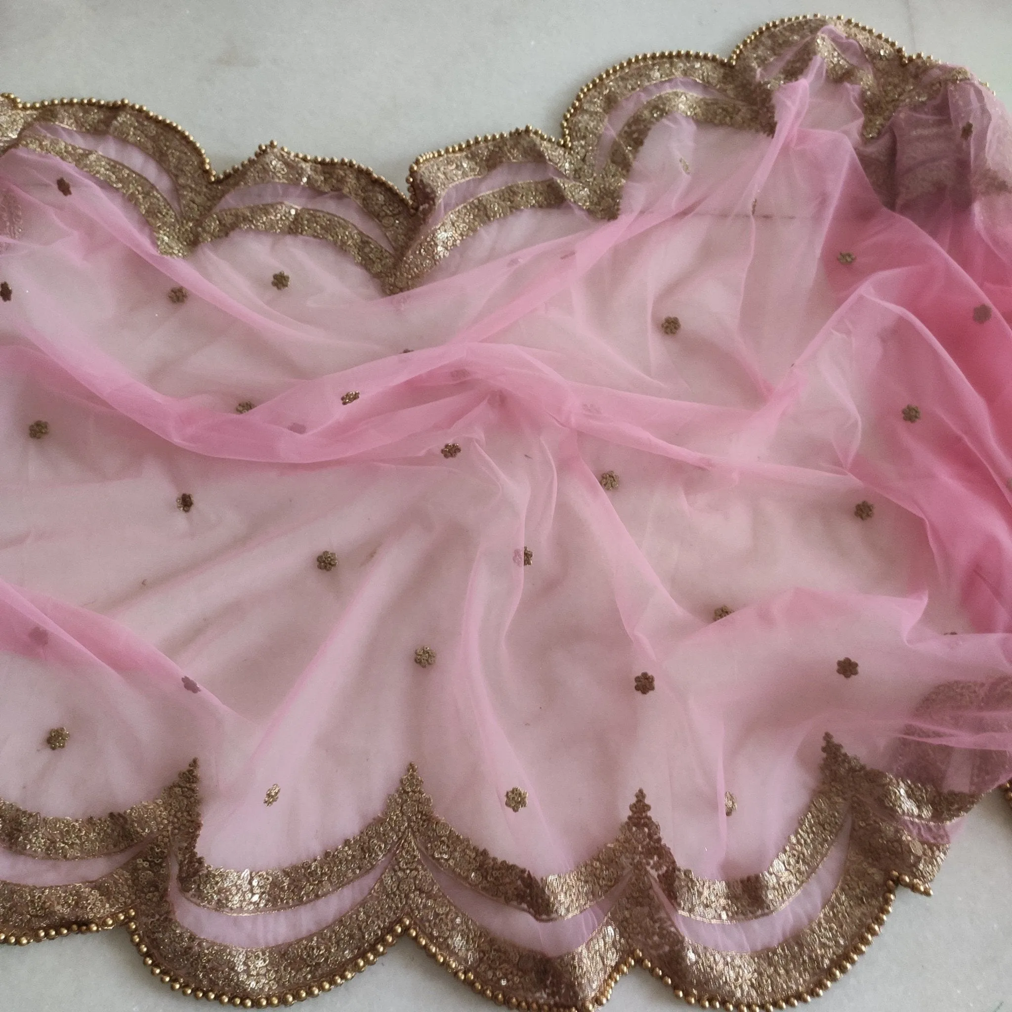 Pink Indian dupatta. Long net embroidered scalloped bridal dupatta.