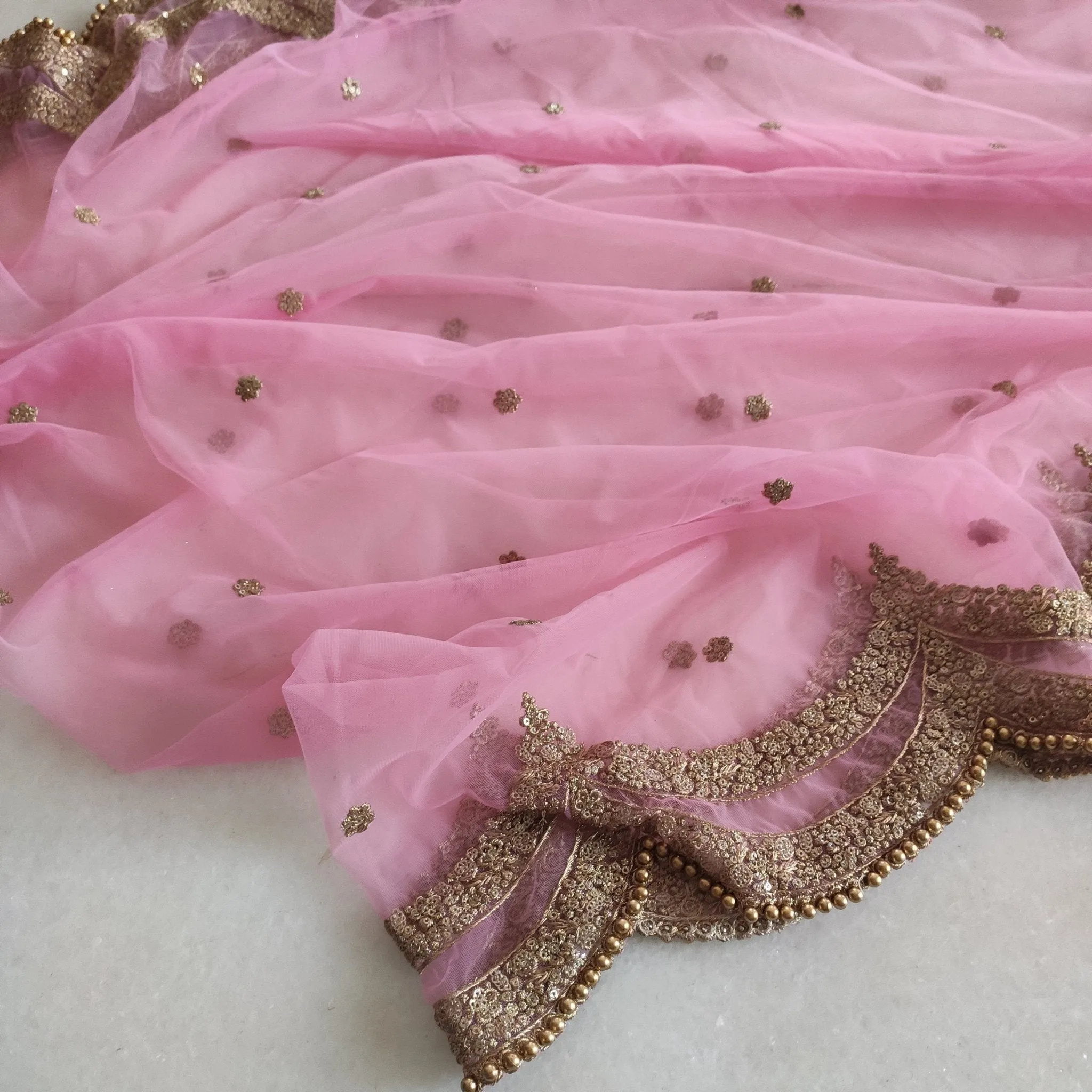Pink Indian dupatta. Long net embroidered scalloped bridal dupatta.