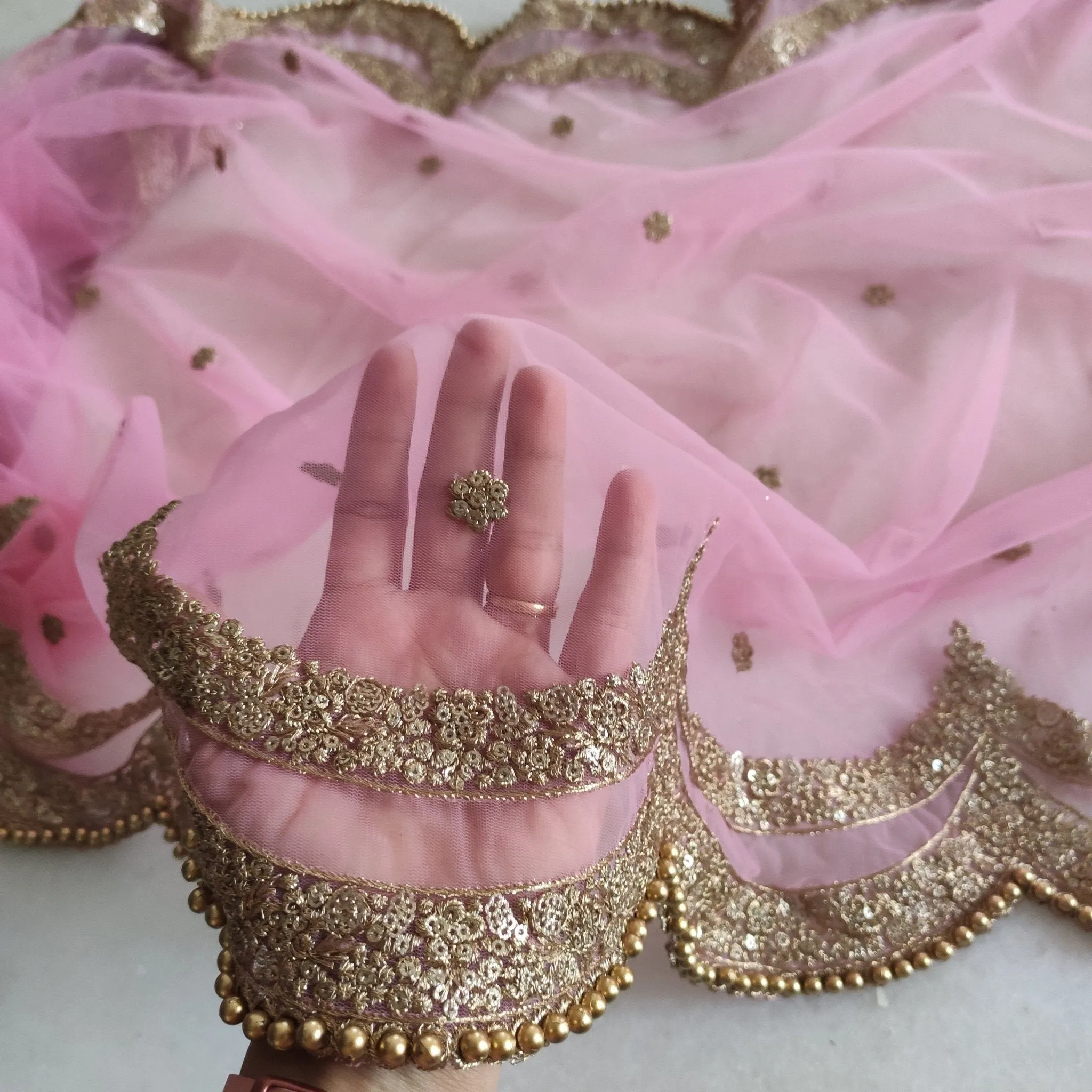 Pink Indian dupatta. Long net embroidered scalloped bridal dupatta.