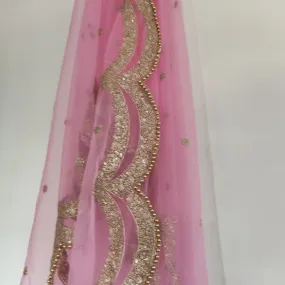 Pink Indian dupatta. Long net embroidered scalloped bridal dupatta.