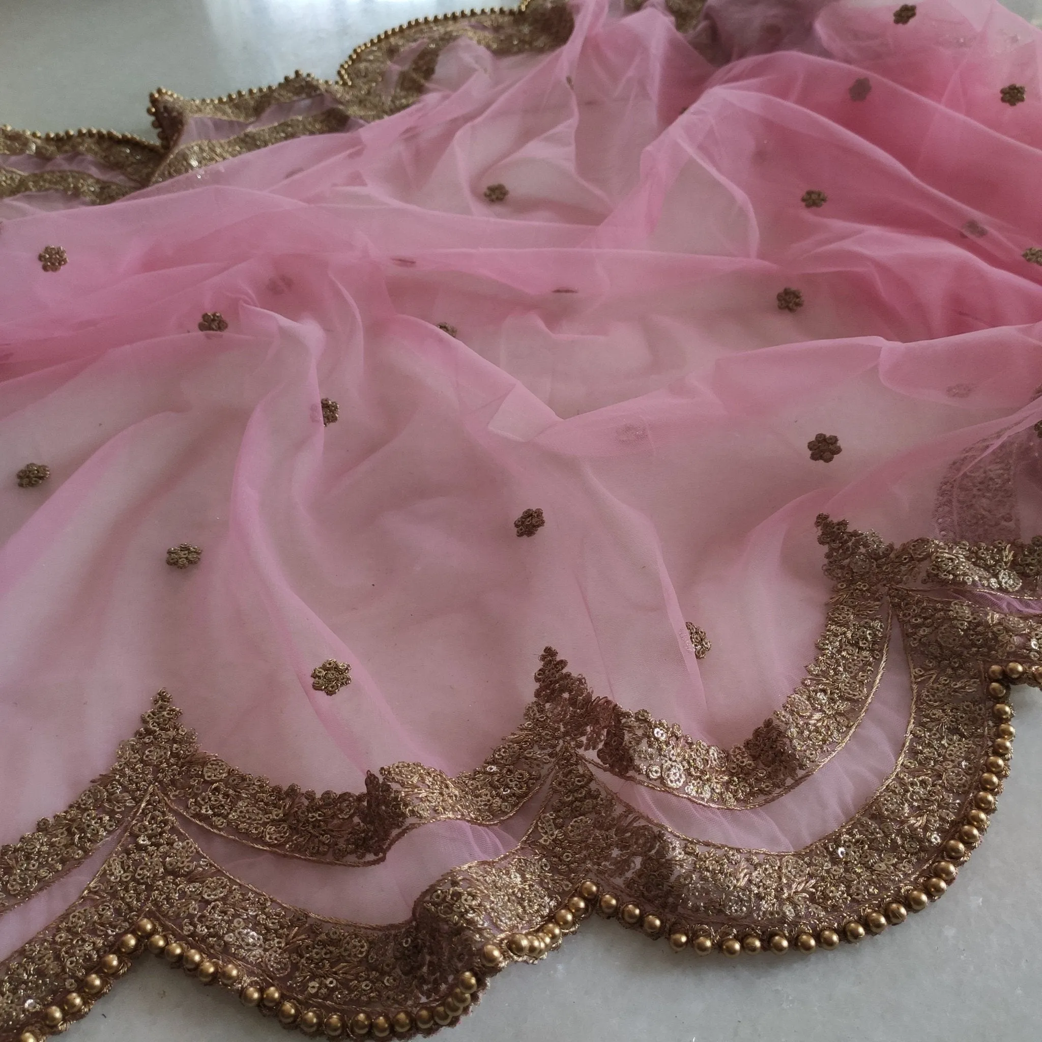 Pink Indian dupatta. Long net embroidered scalloped bridal dupatta.