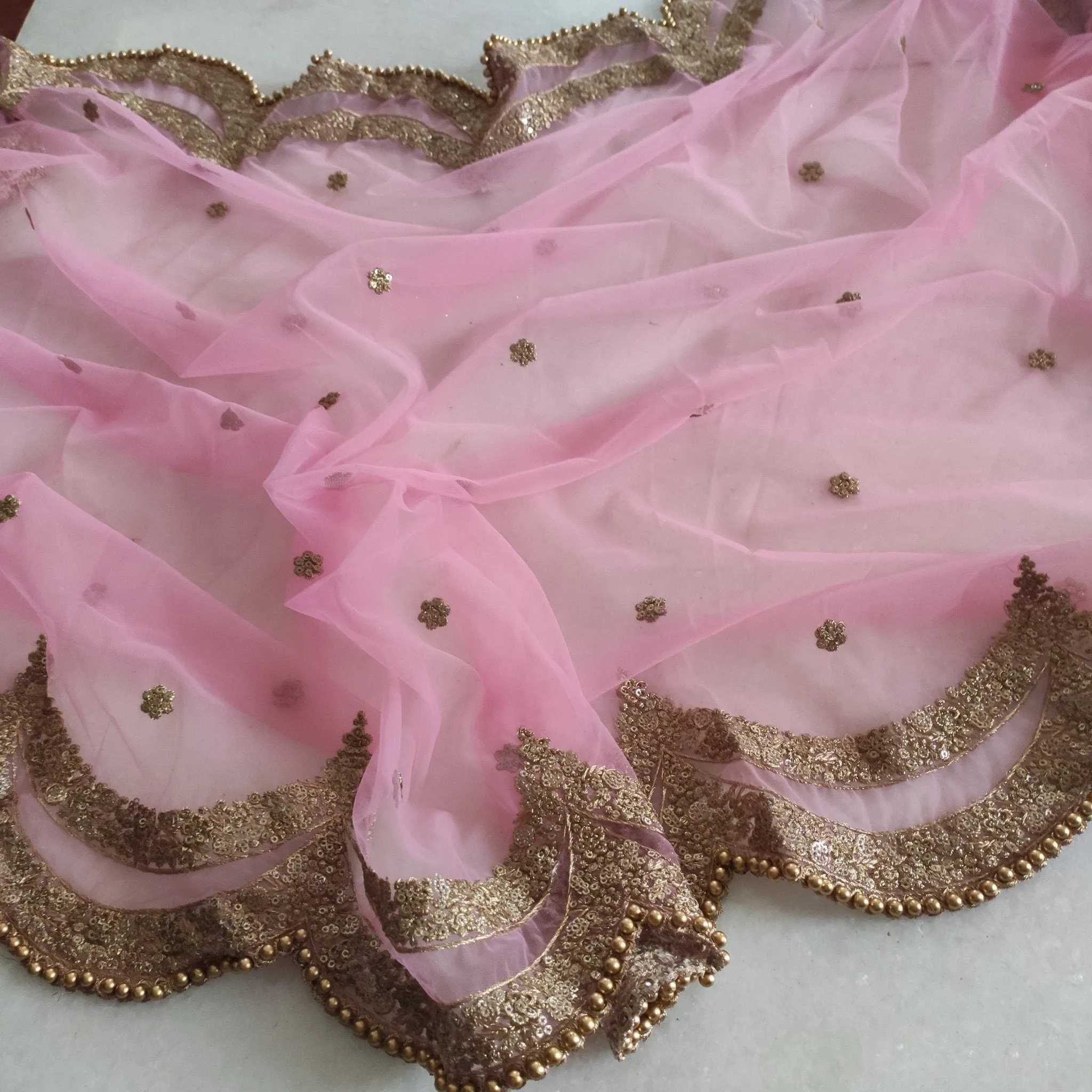 Pink Indian dupatta. Long net embroidered scalloped bridal dupatta.