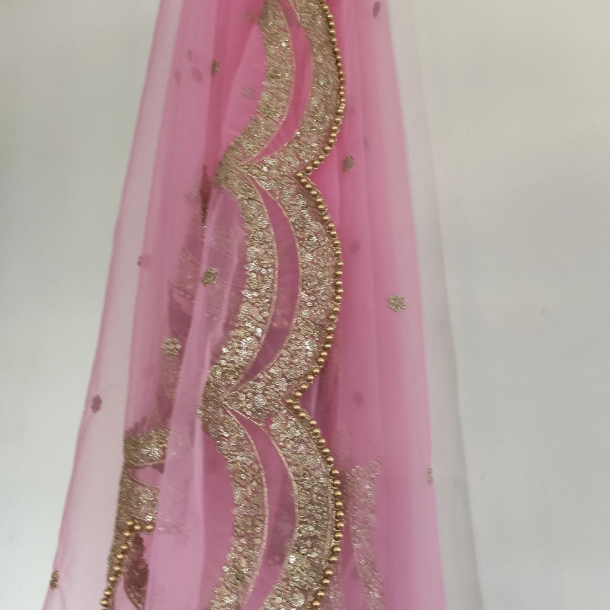 Pink Indian dupatta. Long net embroidered scalloped bridal dupatta.