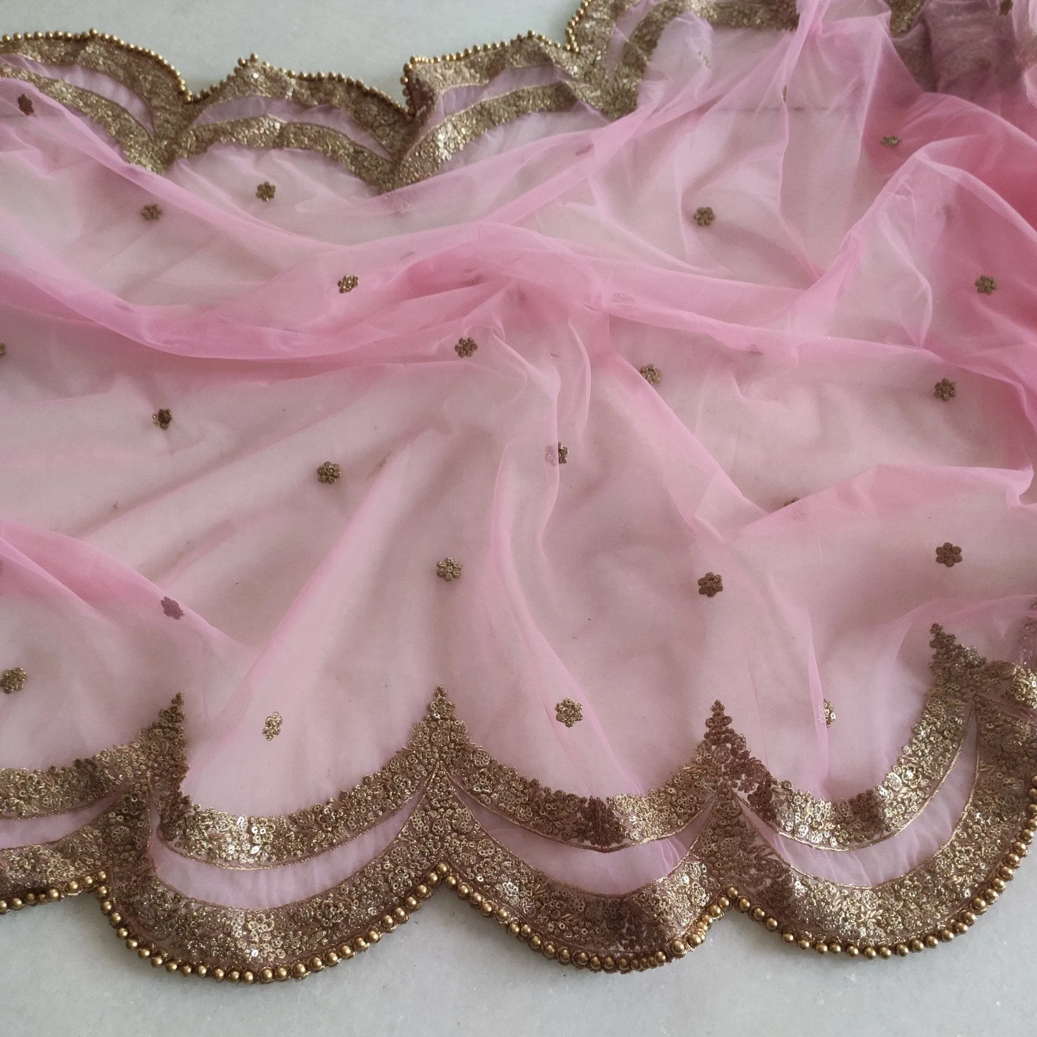 Pink Indian dupatta. Long net embroidered scalloped bridal dupatta.