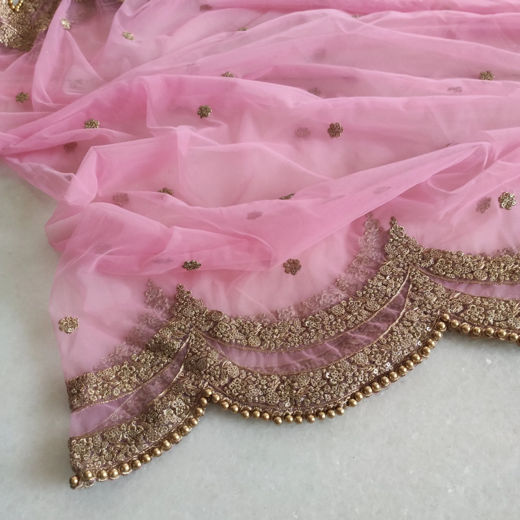 Pink Indian dupatta. Long net embroidered scalloped bridal dupatta.