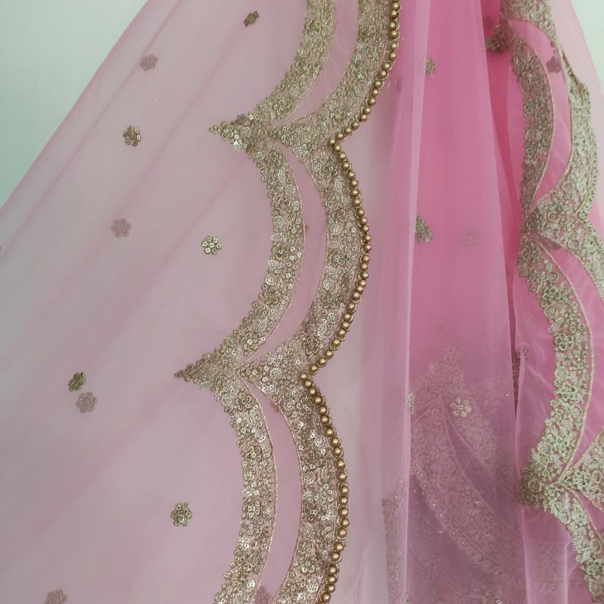 Pink Indian dupatta. Long net embroidered scalloped bridal dupatta.