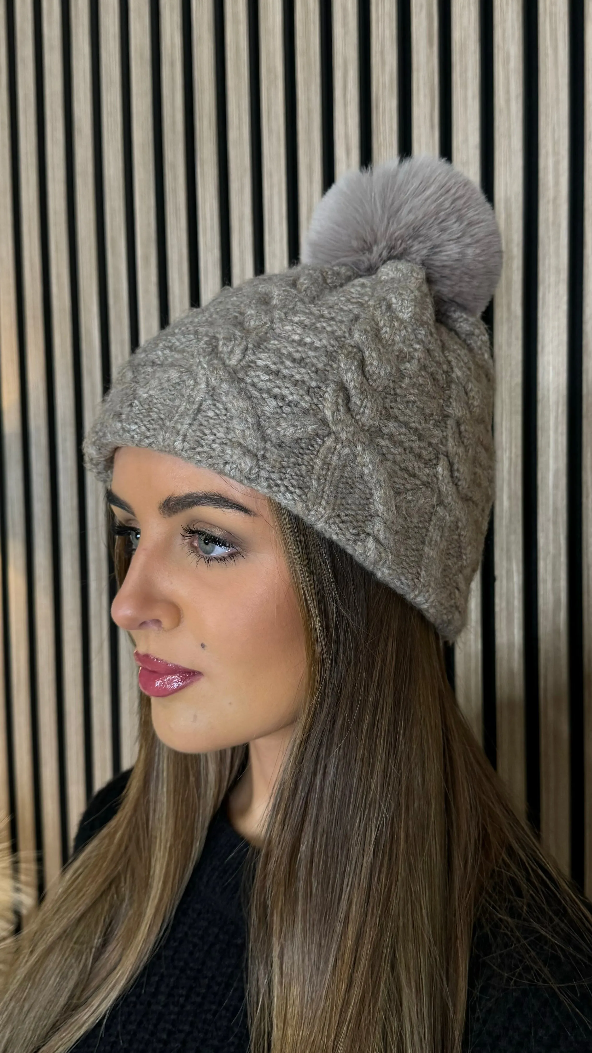 Pippin Taupe Chunky Cable Knit Faux Fur Pom Hat