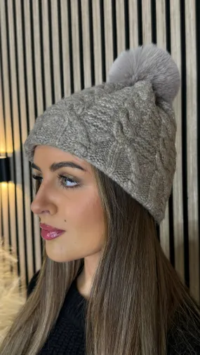 Pippin Taupe Chunky Cable Knit Faux Fur Pom Hat