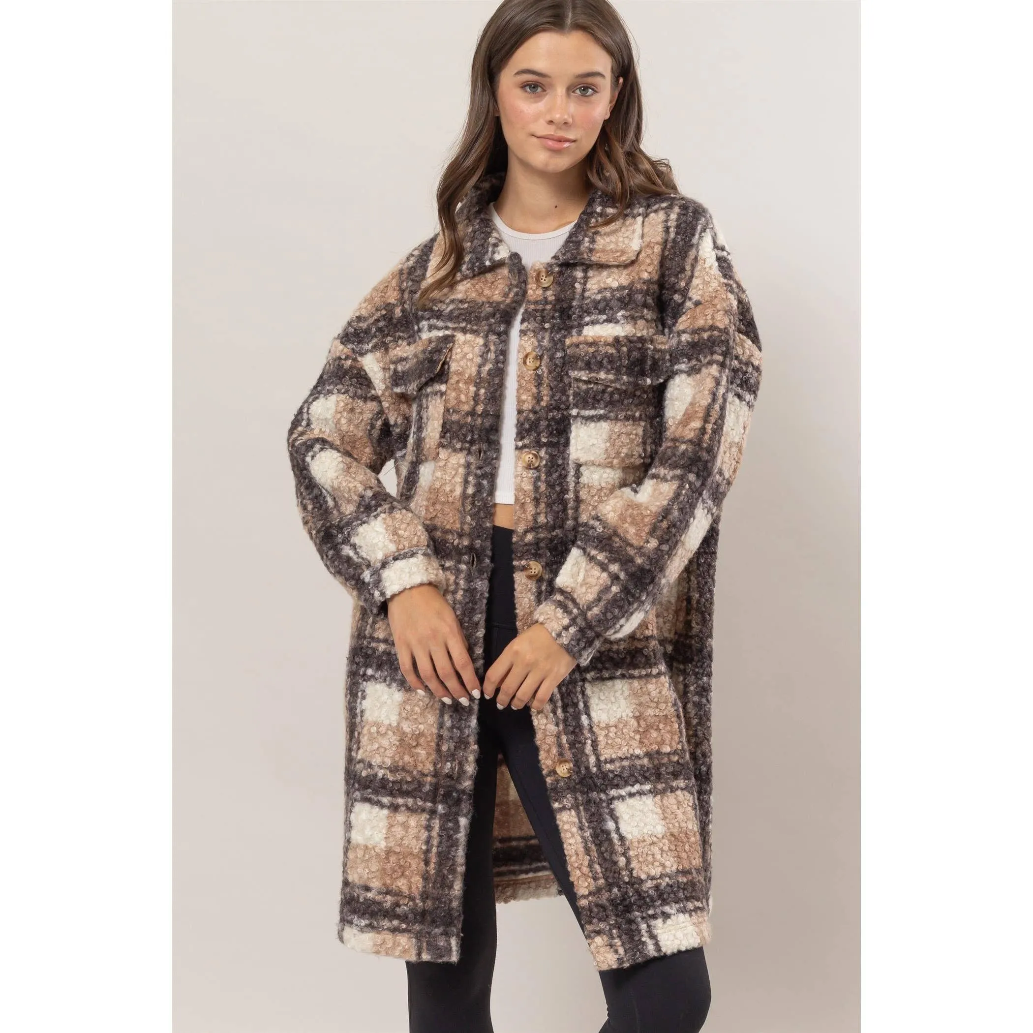Plaid Boucle Longline Shacket