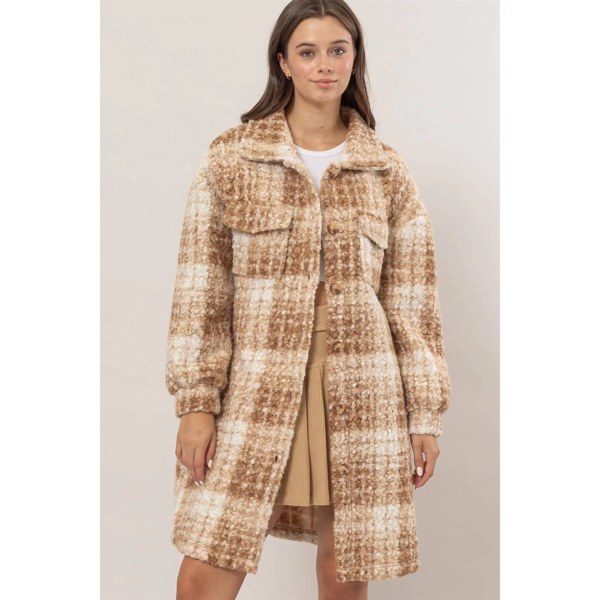 Plaid Boucle Longline Shacket