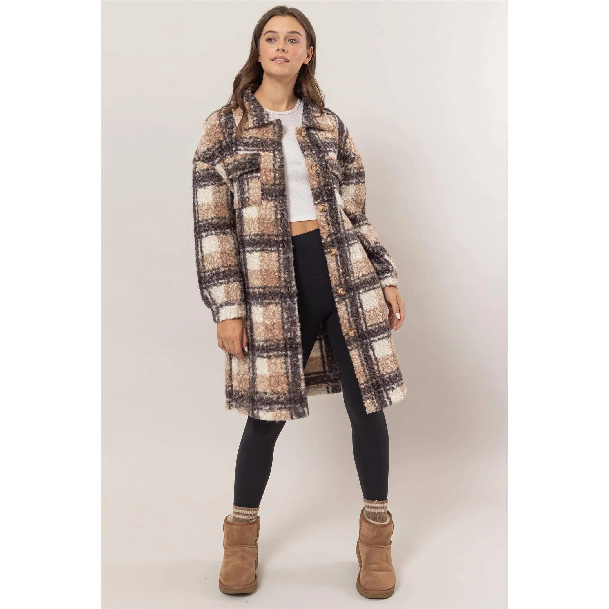 Plaid Boucle Longline Shacket
