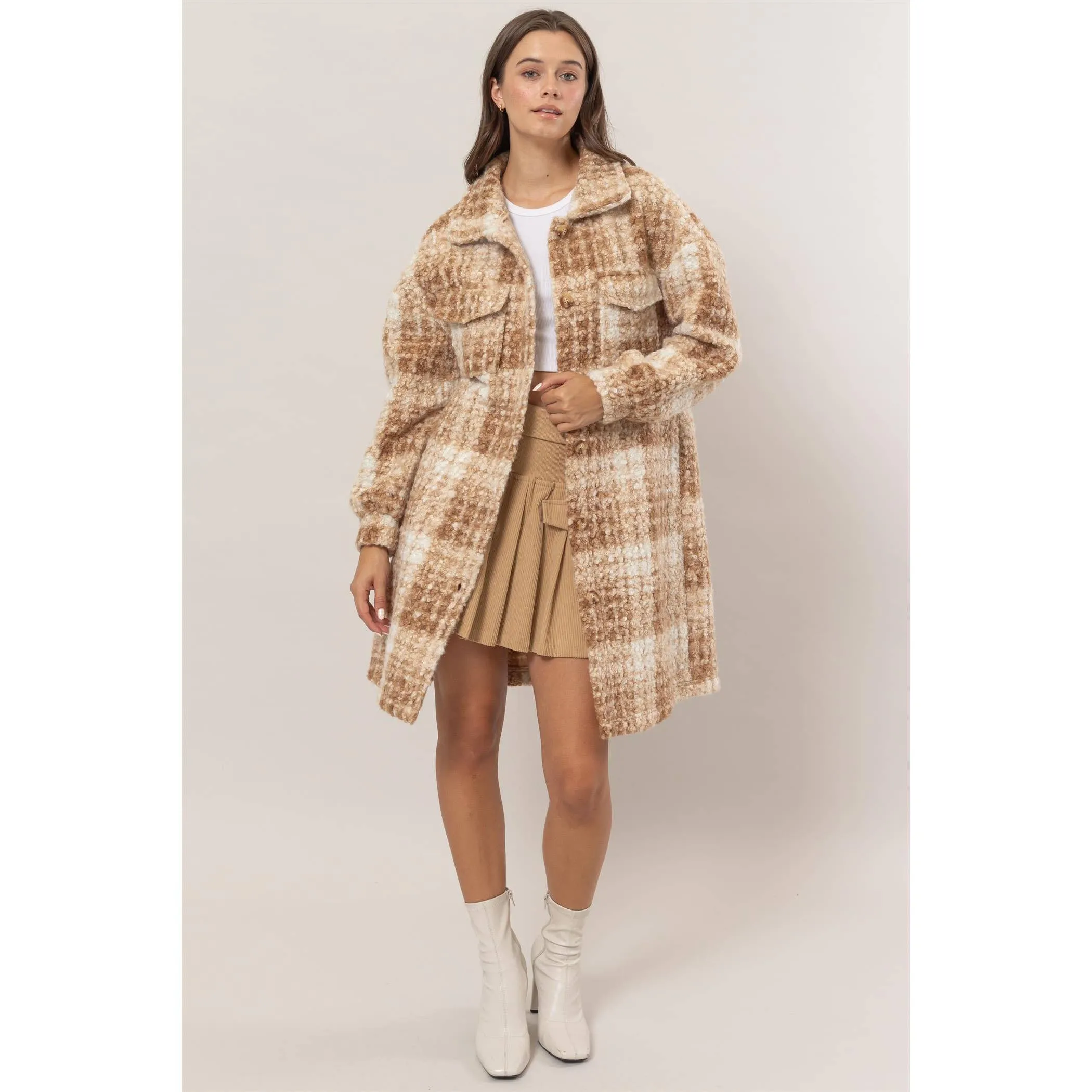 Plaid Boucle Longline Shacket