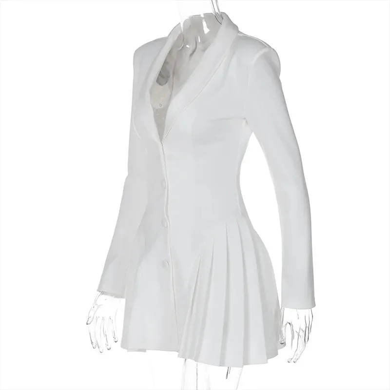 Plunging Neckline Pleated & Buttoned Blazer Dress