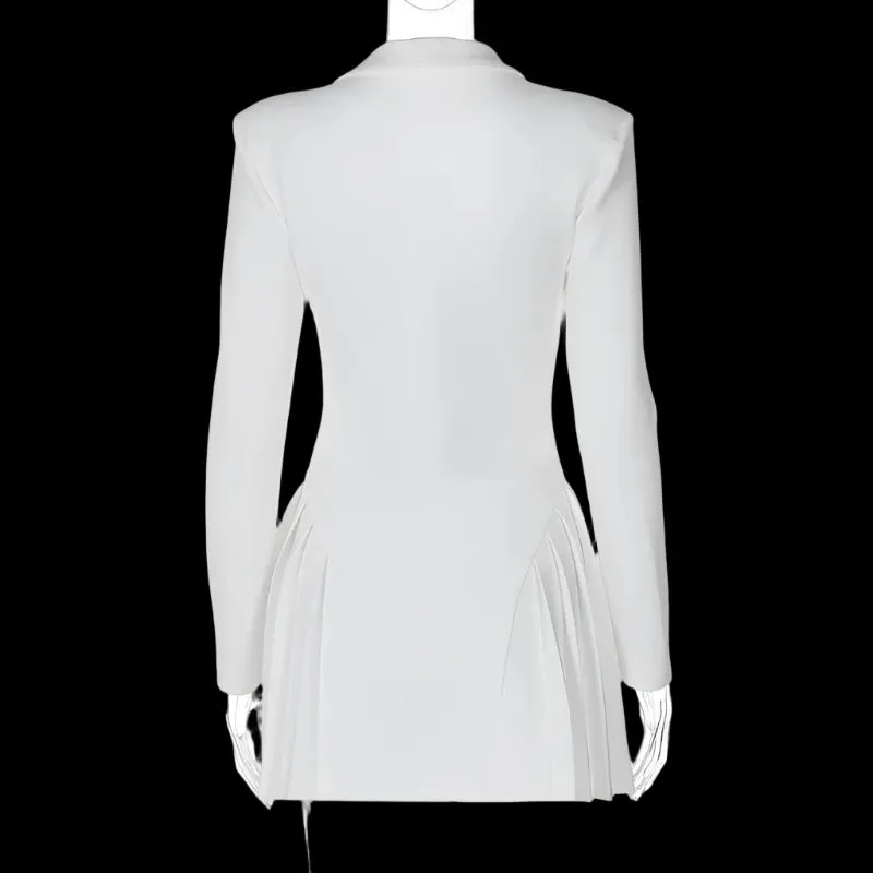 Plunging Neckline Pleated & Buttoned Blazer Dress