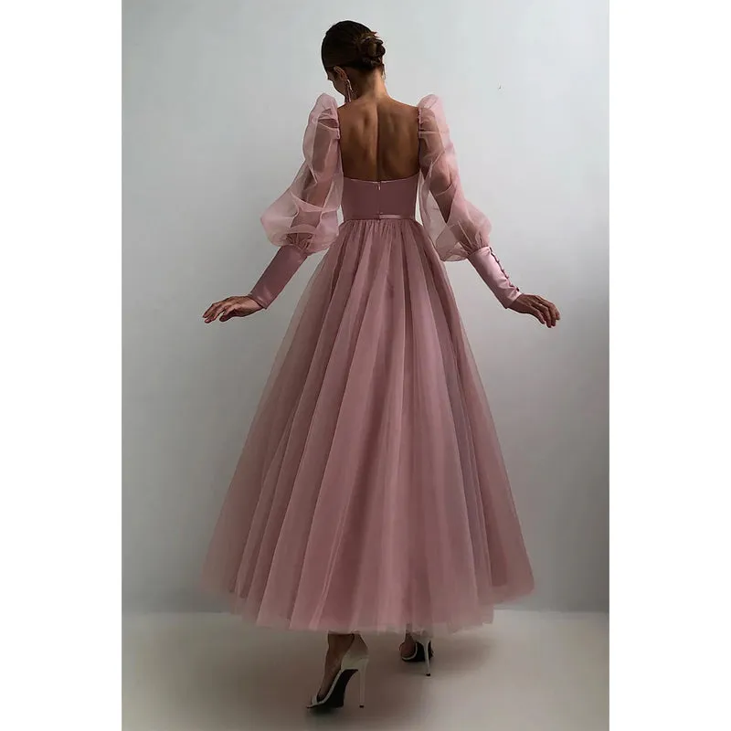 Plunging V-neck Long Sleeves Formal Party Dress Sweet