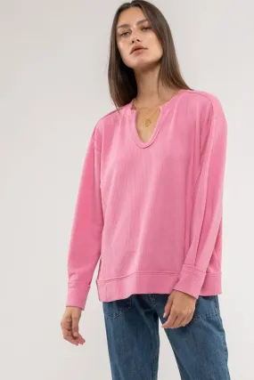 Plus Raw Edge Split Neck Top - Pink