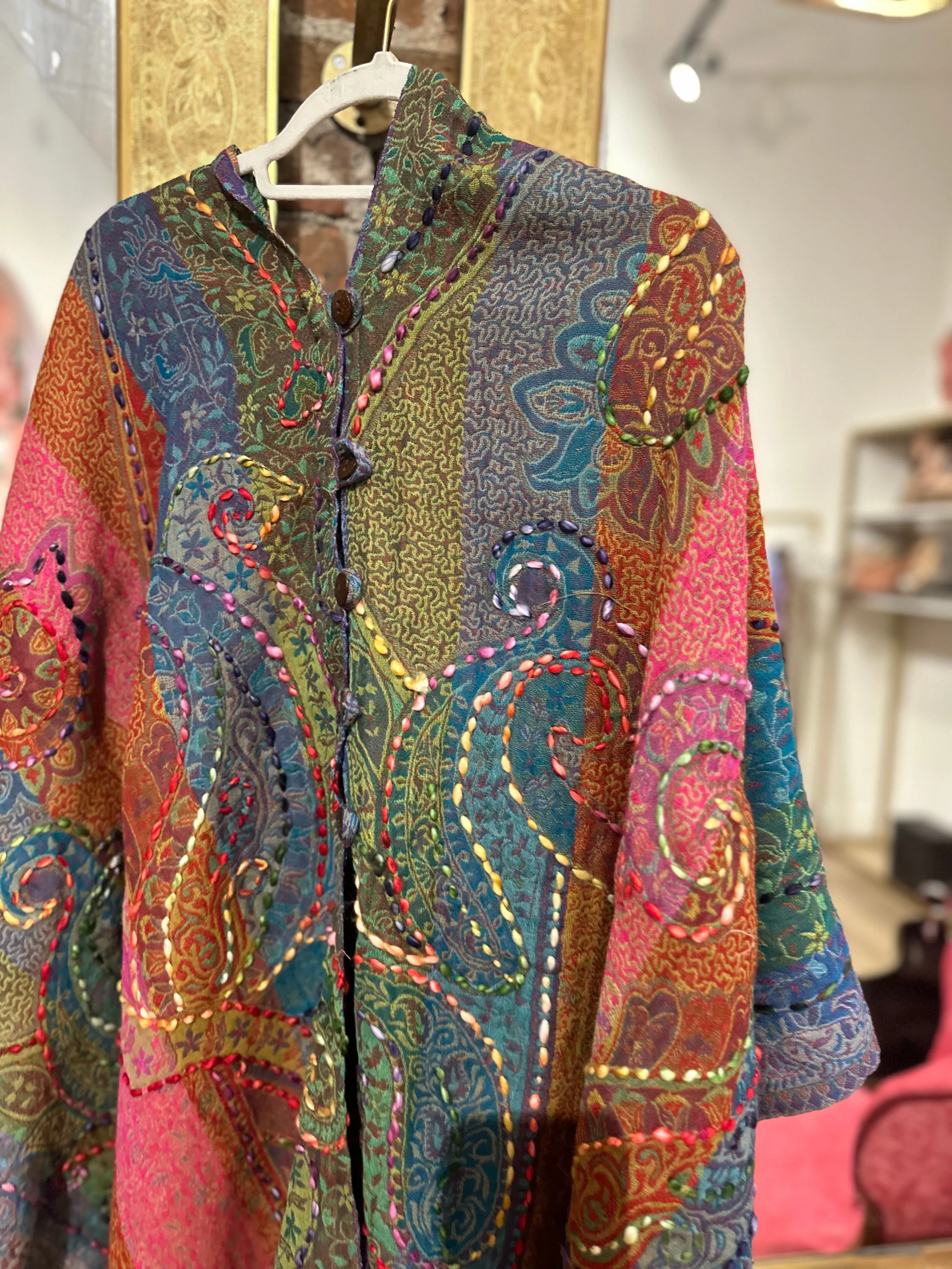 Pure wool reversible embroidered cape -embroidered multi