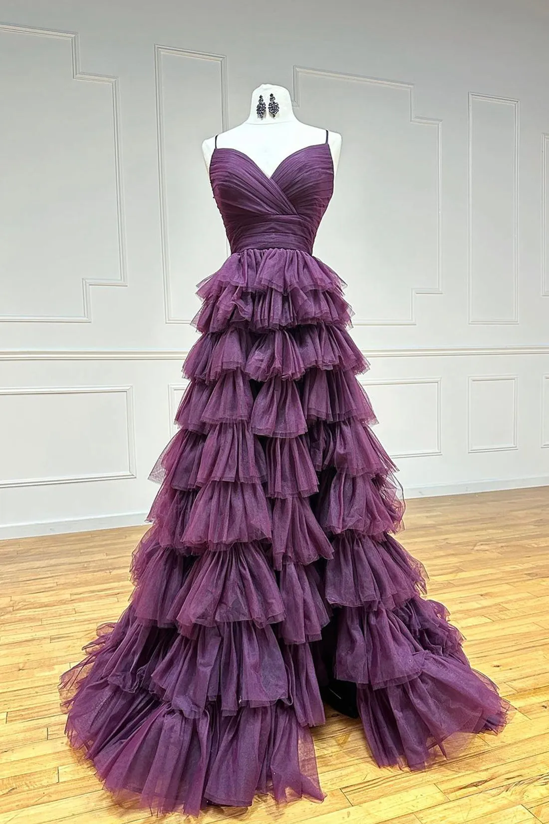 Purple Tulle Layers Long Prom Dress, Purple Spaghetti Strap A-Line Evening Party Dress