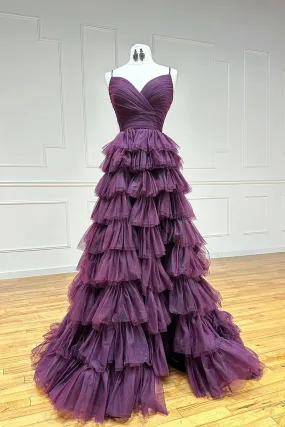 Purple Tulle Layers Long Prom Dress, Purple Spaghetti Strap A-Line Evening Party Dress