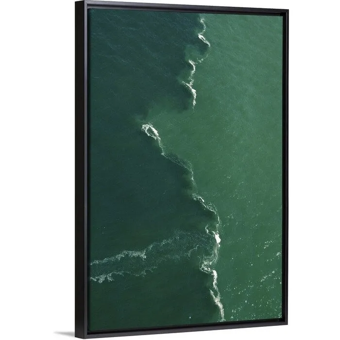 "Green tones and waves in ocean" Black Float Frame Canvas Art