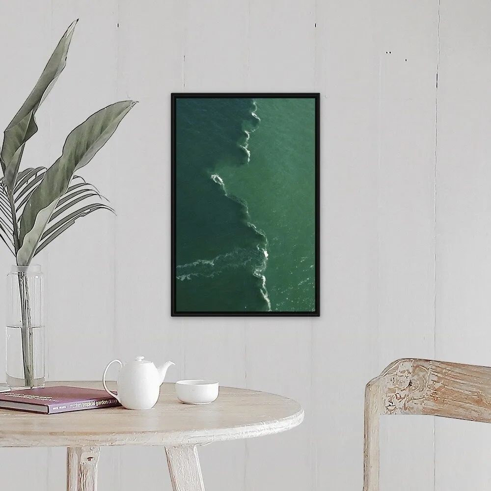 "Green tones and waves in ocean" Black Float Frame Canvas Art