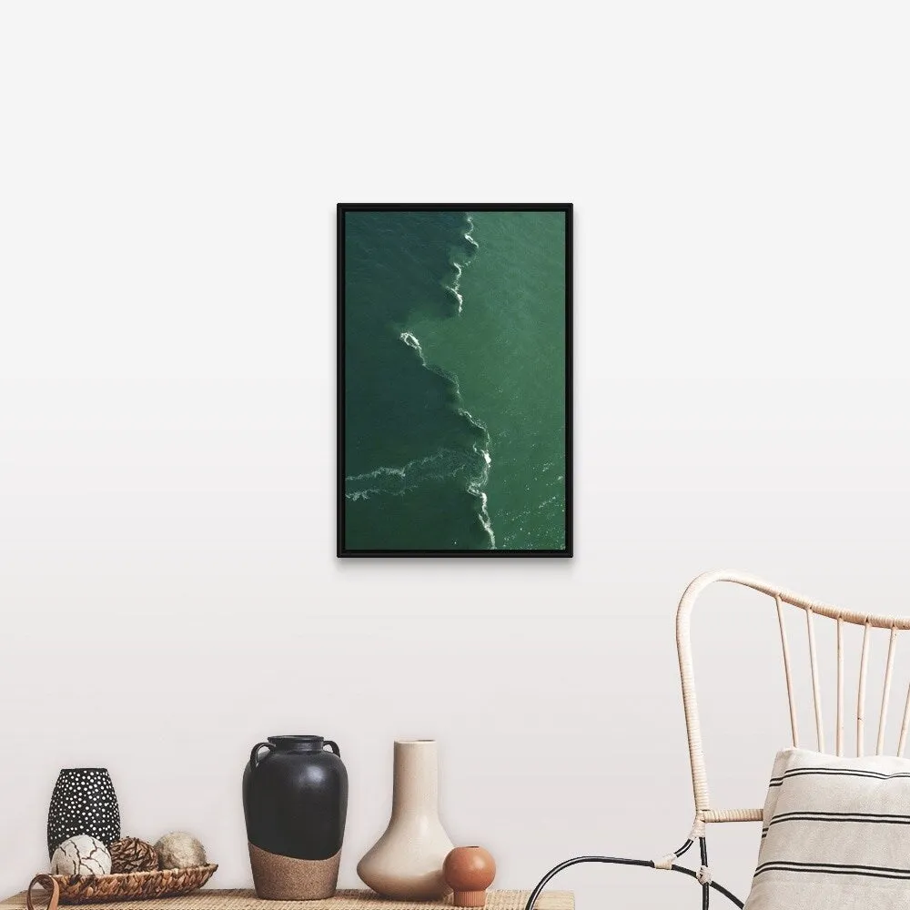 "Green tones and waves in ocean" Black Float Frame Canvas Art