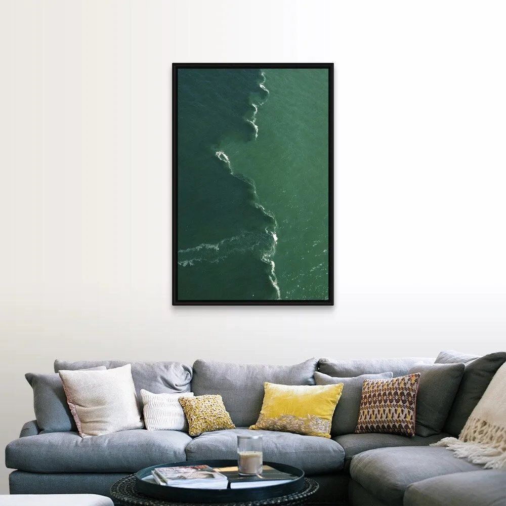 "Green tones and waves in ocean" Black Float Frame Canvas Art