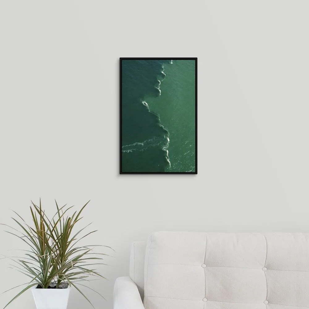 "Green tones and waves in ocean" Black Float Frame Canvas Art
