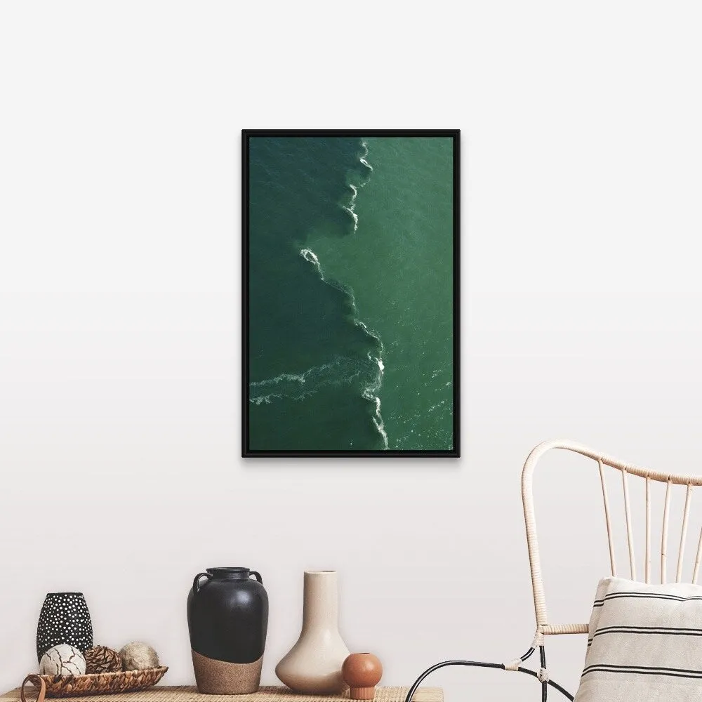 "Green tones and waves in ocean" Black Float Frame Canvas Art