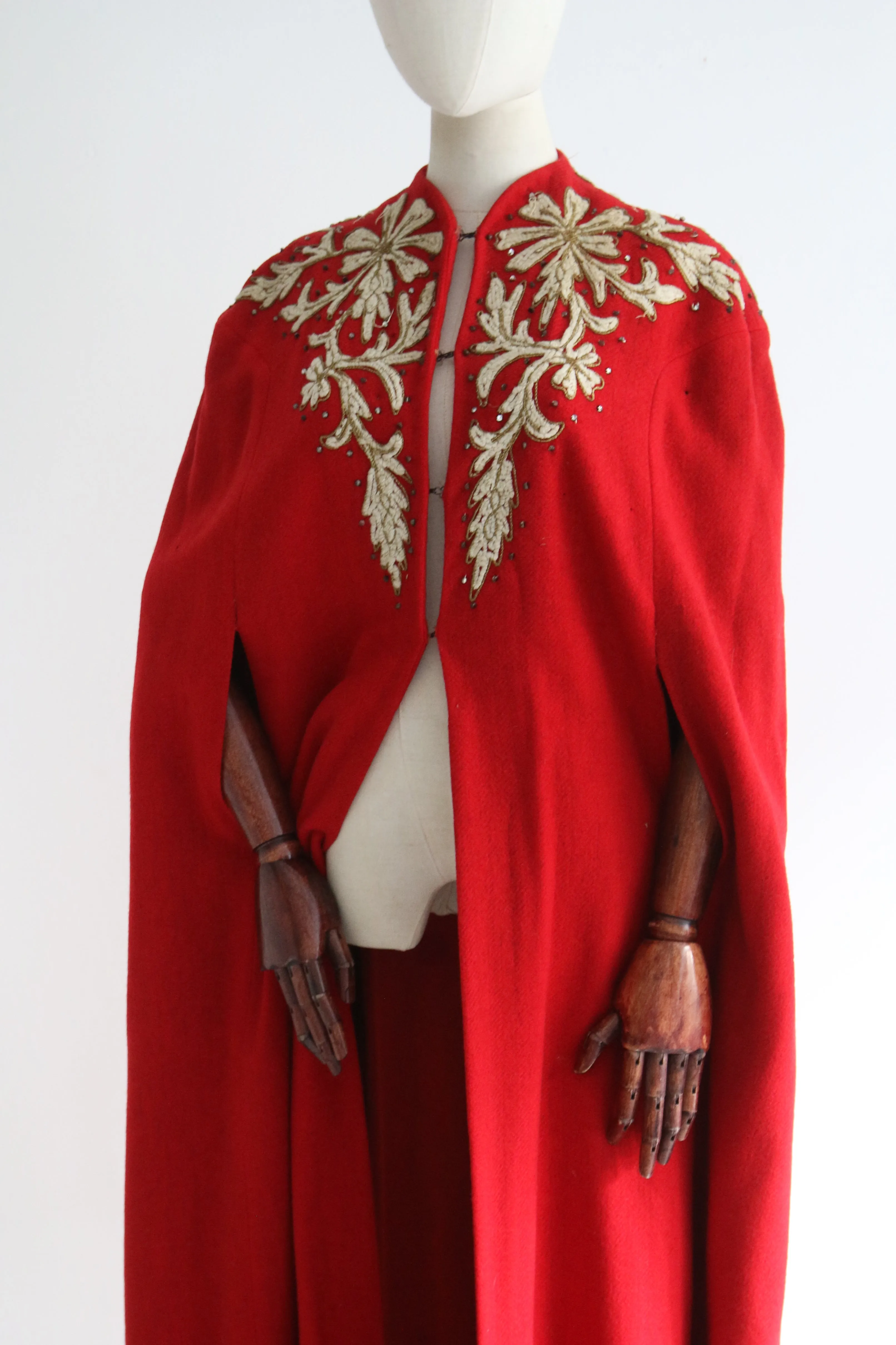 "Lamé Soutache & Rhinestones" Vintage Early 1940's Red Wool Embroidered Cape UK 10-16 US 6-12