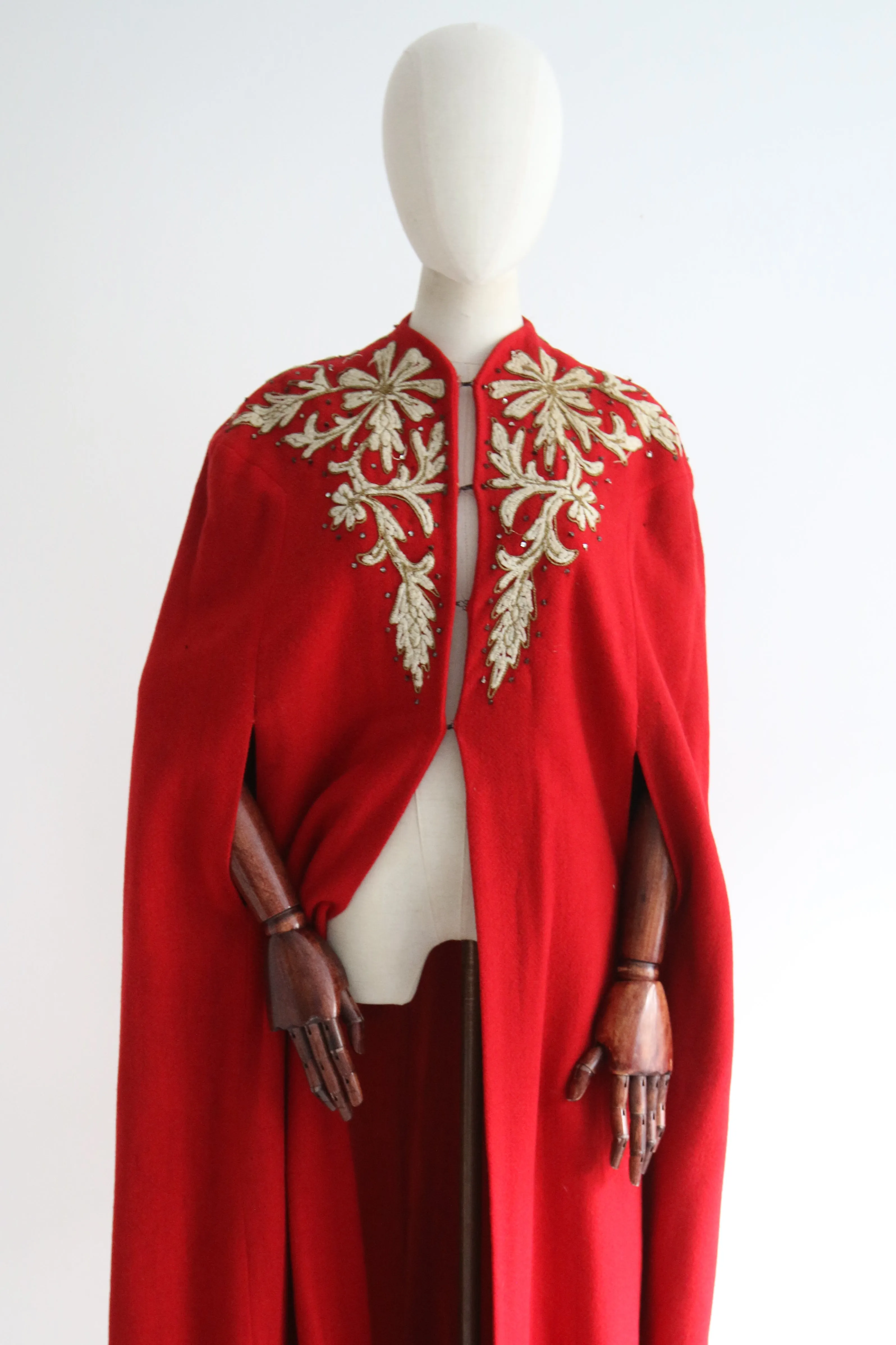 "Lamé Soutache & Rhinestones" Vintage Early 1940's Red Wool Embroidered Cape UK 10-16 US 6-12