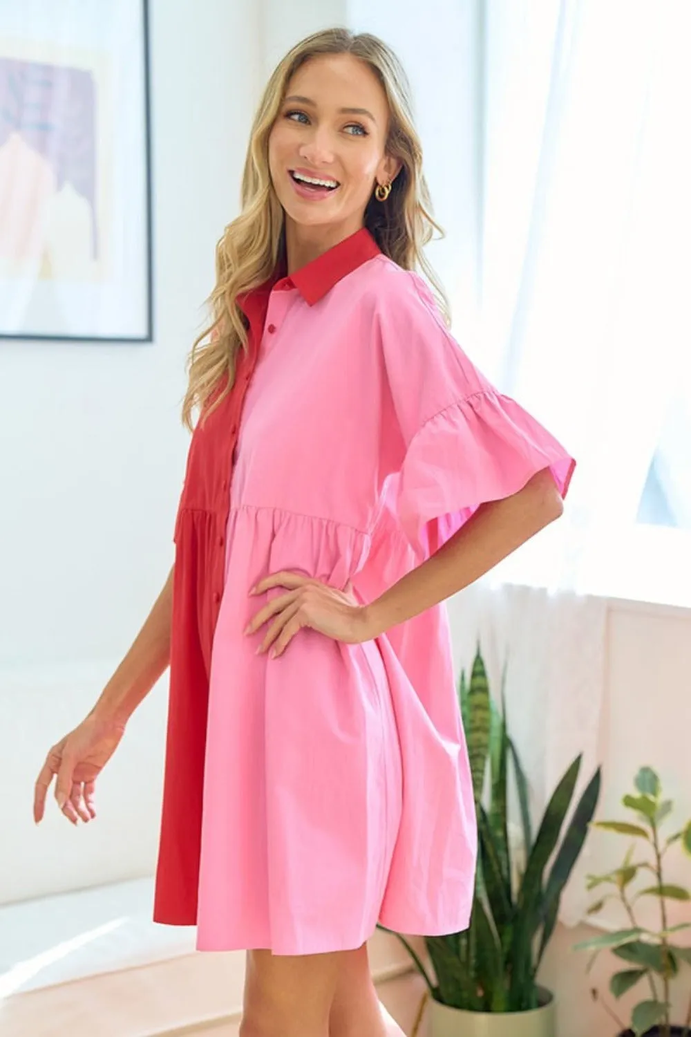 Red & Pink Color Blocked Button Down Babydoll Dress (ships 1-2 weeks)