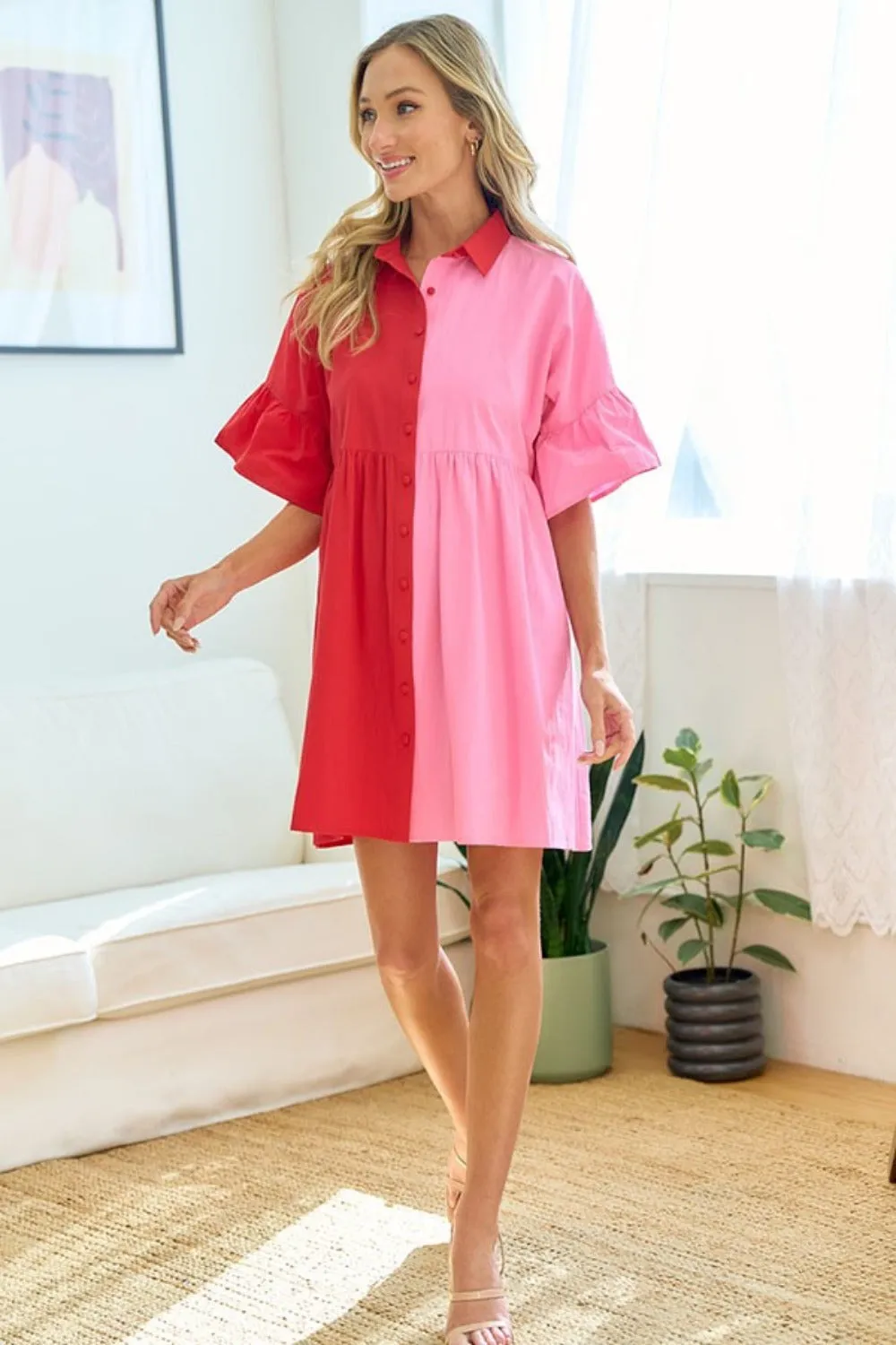 Red & Pink Color Blocked Button Down Babydoll Dress (ships 1-2 weeks)