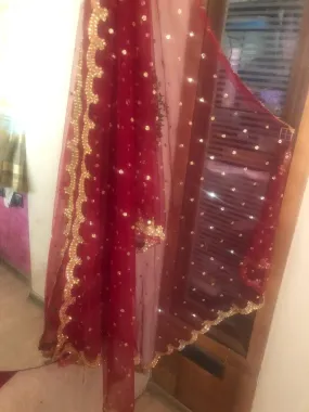 Red Golden Indian Dupatta long net embroidered scarf Punjabi dress dupattas with zari embroidery for festival chunni lehenga stole