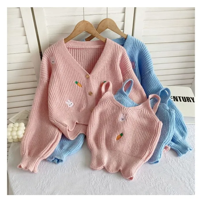 Set: Rabbit Embroidered Knit Cami Top   V-Neck Button-Up Cardigan