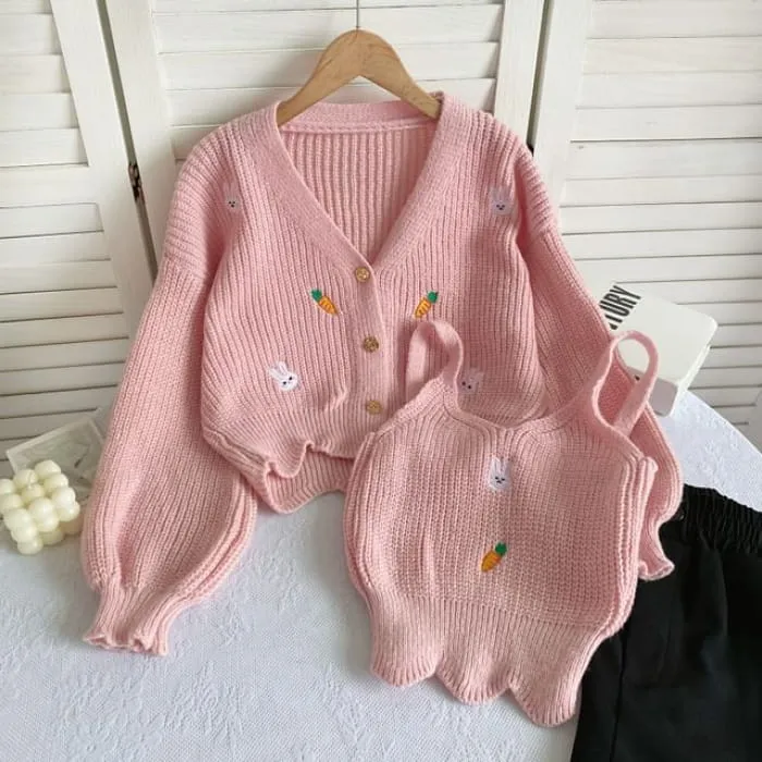 Set: Rabbit Embroidered Knit Cami Top   V-Neck Button-Up Cardigan