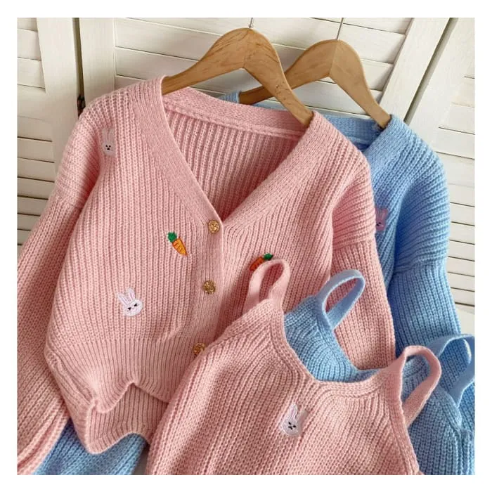 Set: Rabbit Embroidered Knit Cami Top   V-Neck Button-Up Cardigan