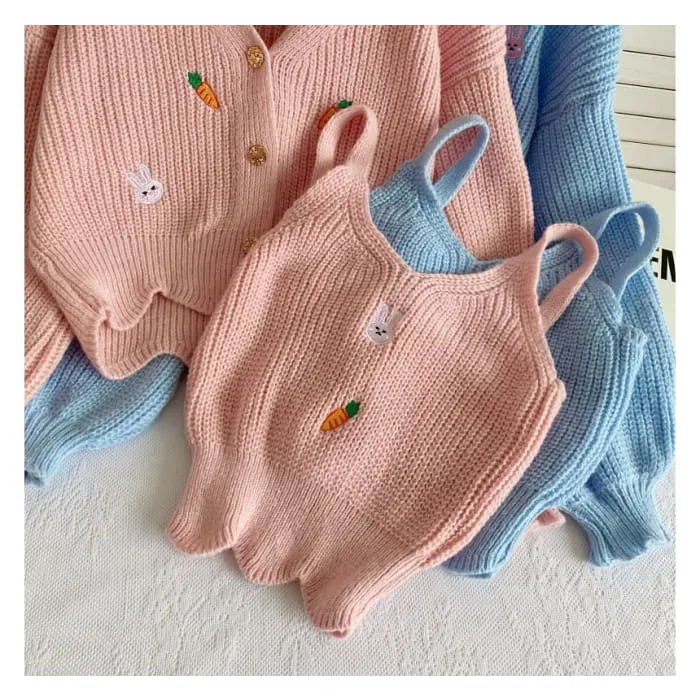 Set: Rabbit Embroidered Knit Cami Top   V-Neck Button-Up Cardigan