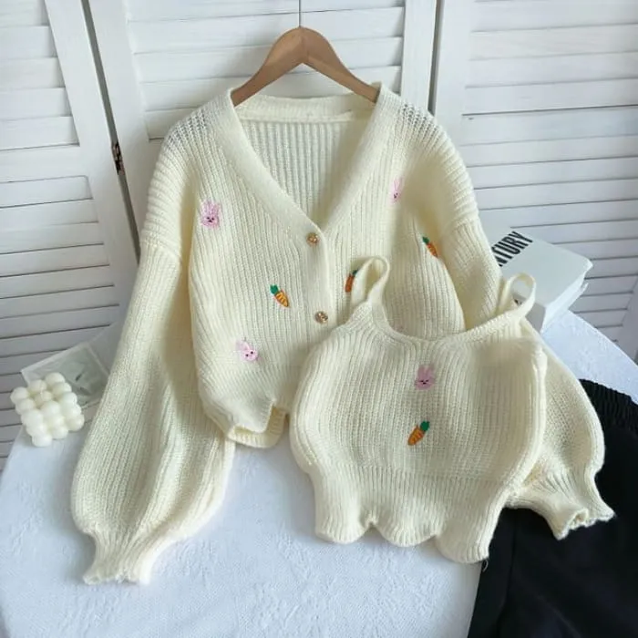 Set: Rabbit Embroidered Knit Cami Top   V-Neck Button-Up Cardigan