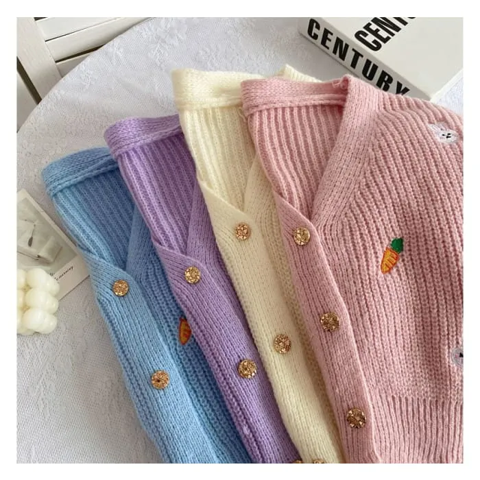 Set: Rabbit Embroidered Knit Cami Top   V-Neck Button-Up Cardigan