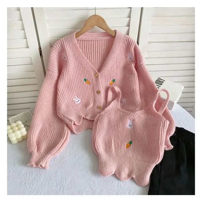 Set: Rabbit Embroidered Knit Cami Top   V-Neck Button-Up Cardigan