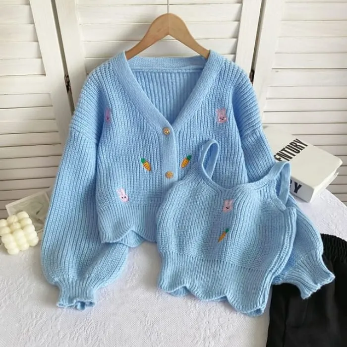 Set: Rabbit Embroidered Knit Cami Top   V-Neck Button-Up Cardigan