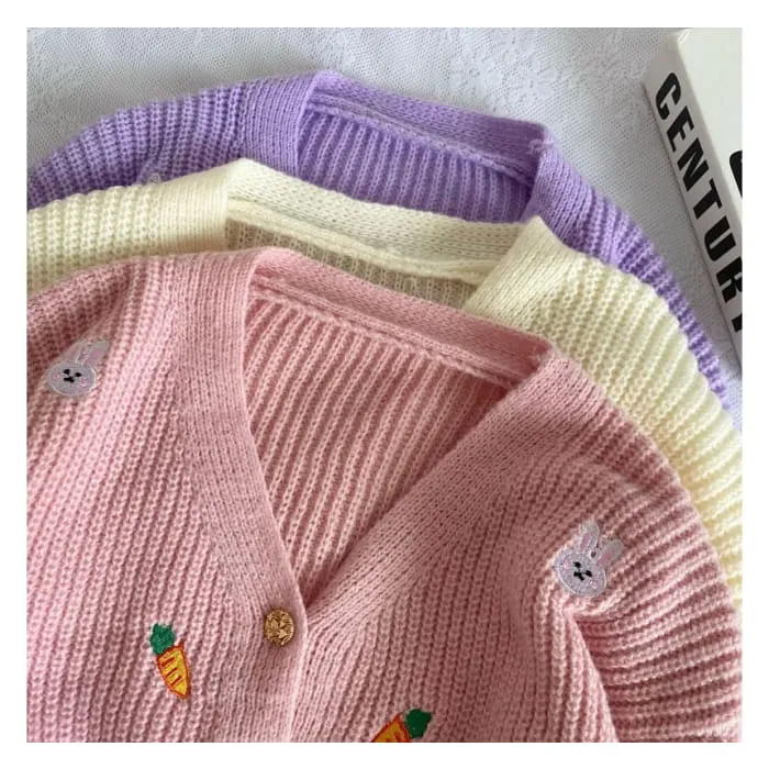 Set: Rabbit Embroidered Knit Cami Top   V-Neck Button-Up Cardigan
