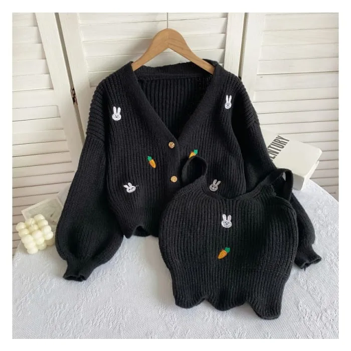 Set: Rabbit Embroidered Knit Cami Top   V-Neck Button-Up Cardigan