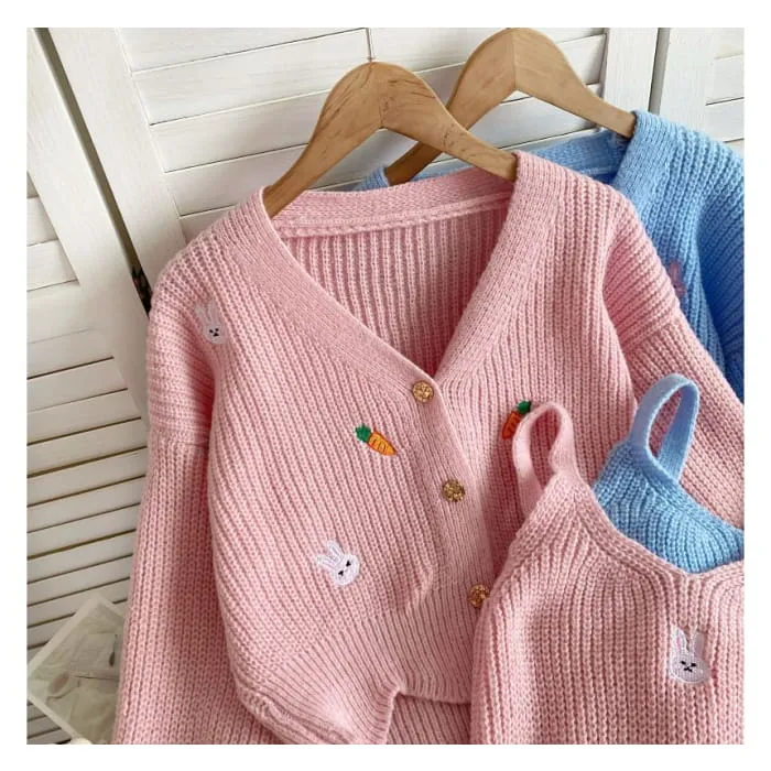 Set: Rabbit Embroidered Knit Cami Top   V-Neck Button-Up Cardigan