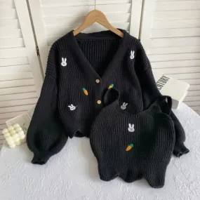 Set: Rabbit Embroidered Knit Cami Top   V-Neck Button-Up Cardigan