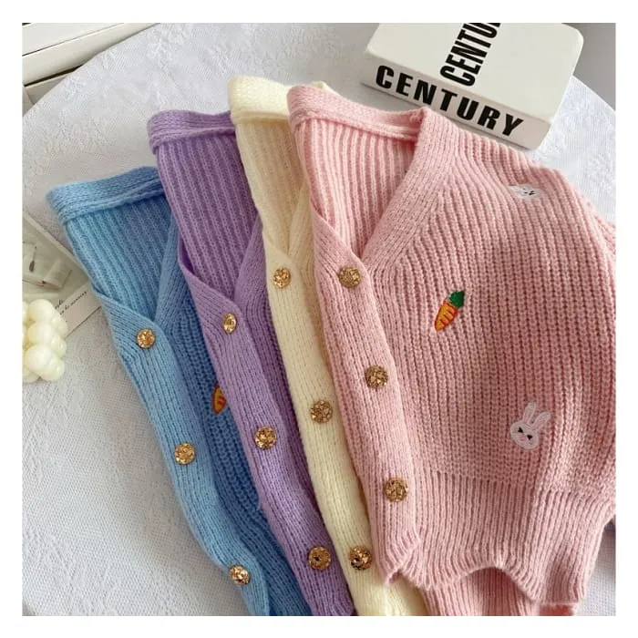 Set: Rabbit Embroidered Knit Cami Top   V-Neck Button-Up Cardigan