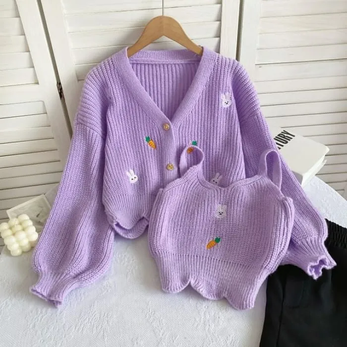 Set: Rabbit Embroidered Knit Cami Top   V-Neck Button-Up Cardigan
