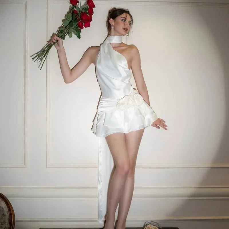 Sexy Backless Satin 3D Flowers White Halter Short Party Dress
